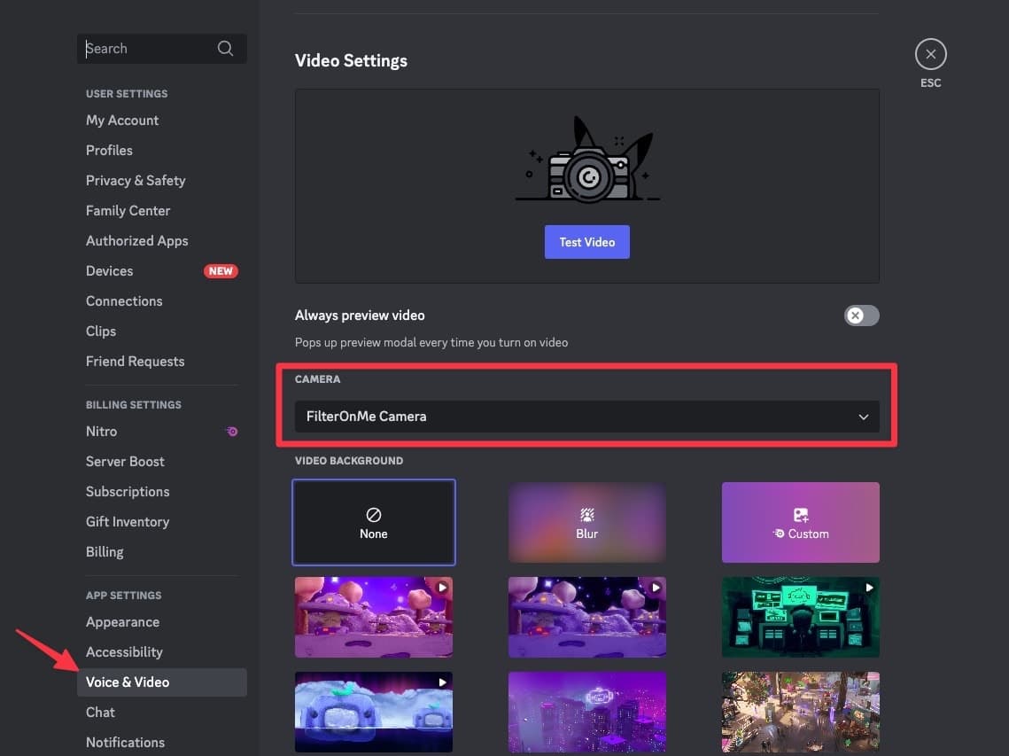 Select Filteronme as your Discord camera input