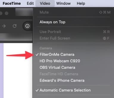 Select the camera input for Filteronme