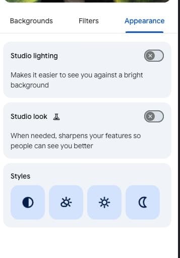 Google Meet appearance options