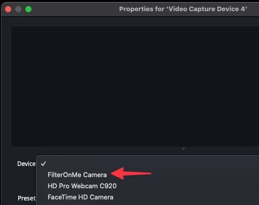 Select the camera input for Filteronme