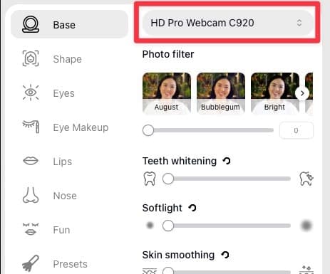 Select the camera input for Filteronme